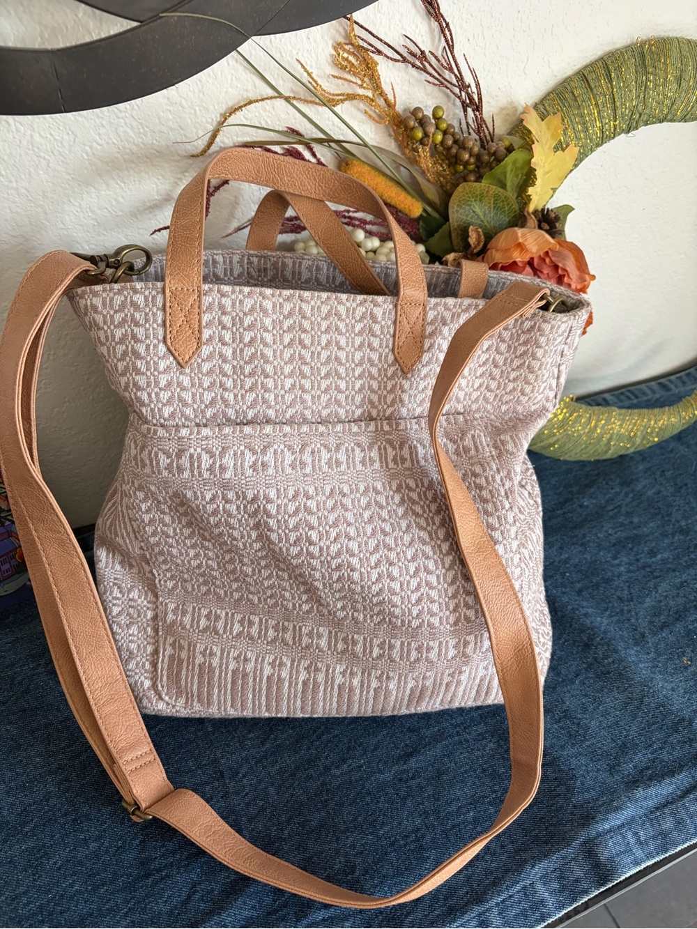 thirty-one Beige Knit Crossbody Tote with Tan Straps